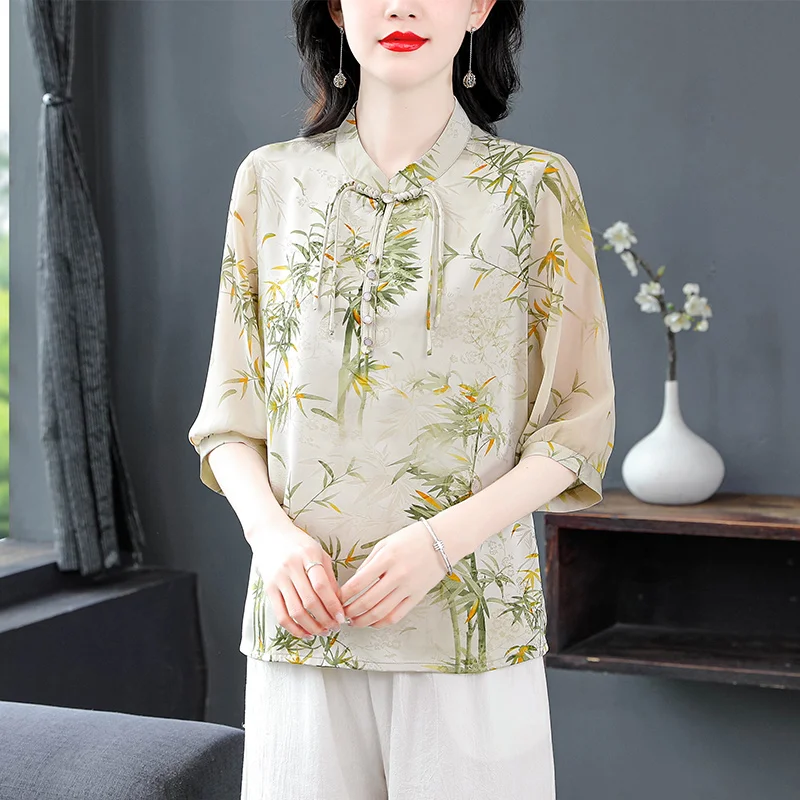 2024 Spring and Summer Women\'s New Stand Collar Pullover with Chinese National Style Printed Chiffon Button Fashion Style Shirt