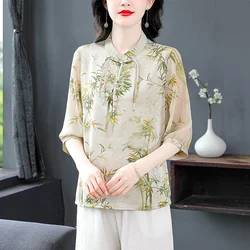 2024 Spring and Summer Women's New Stand Collar Pullover with Chinese National Style Printed Chiffon Button Fashion Style Shirt