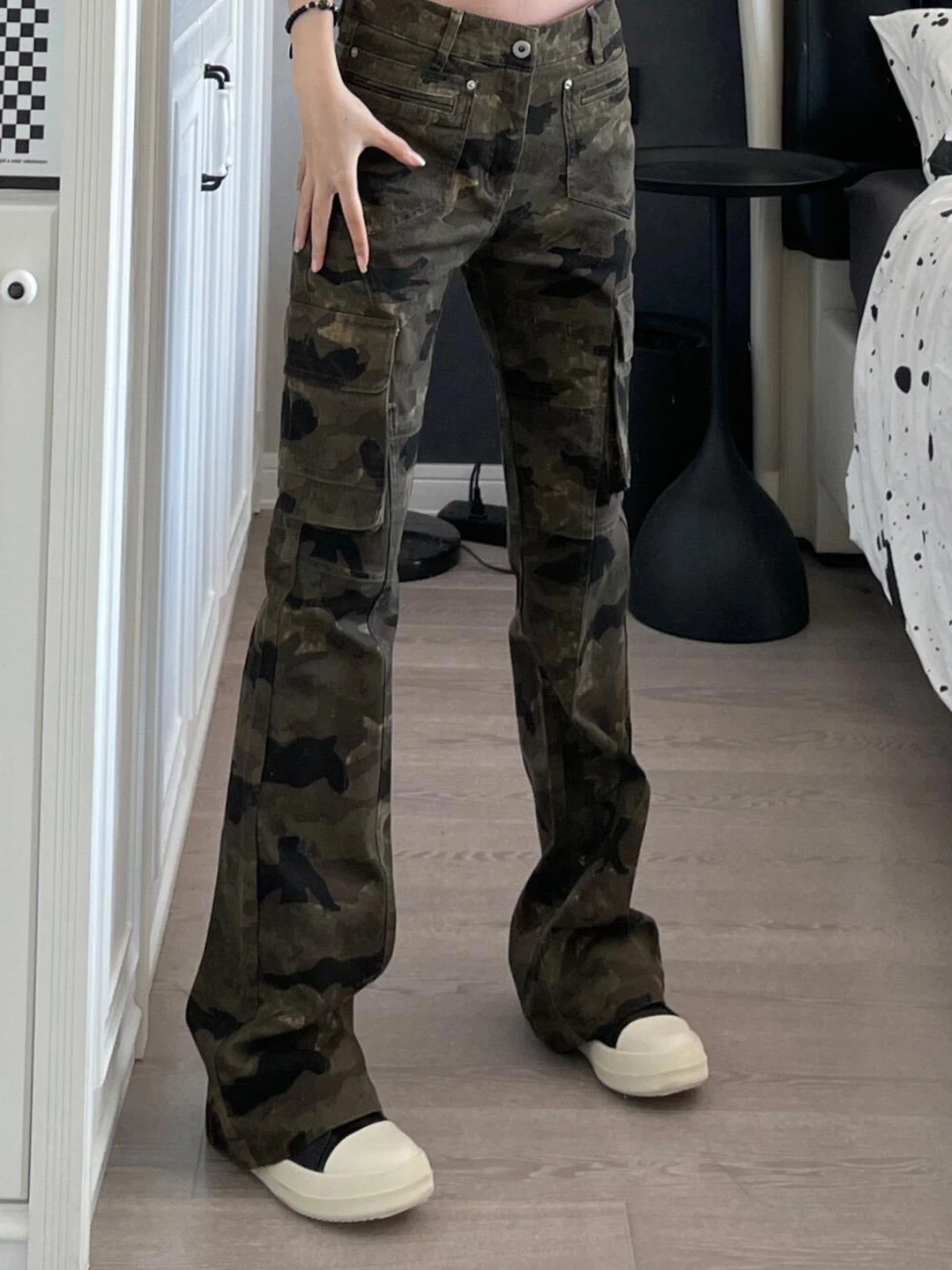

Cleanfit Camouflage Work Pants Women's High Waist Leg Lengthening American Style Micro Flare Jeans Casual Wear Polyester Fiber