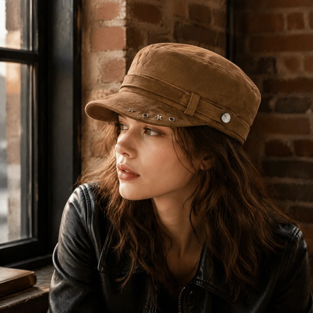 Fashion Solid Color Newsboy Peaked Cap Vintage Soft Metal Rivet Hat Windproof Versatile Equestrian Hat Outdoor