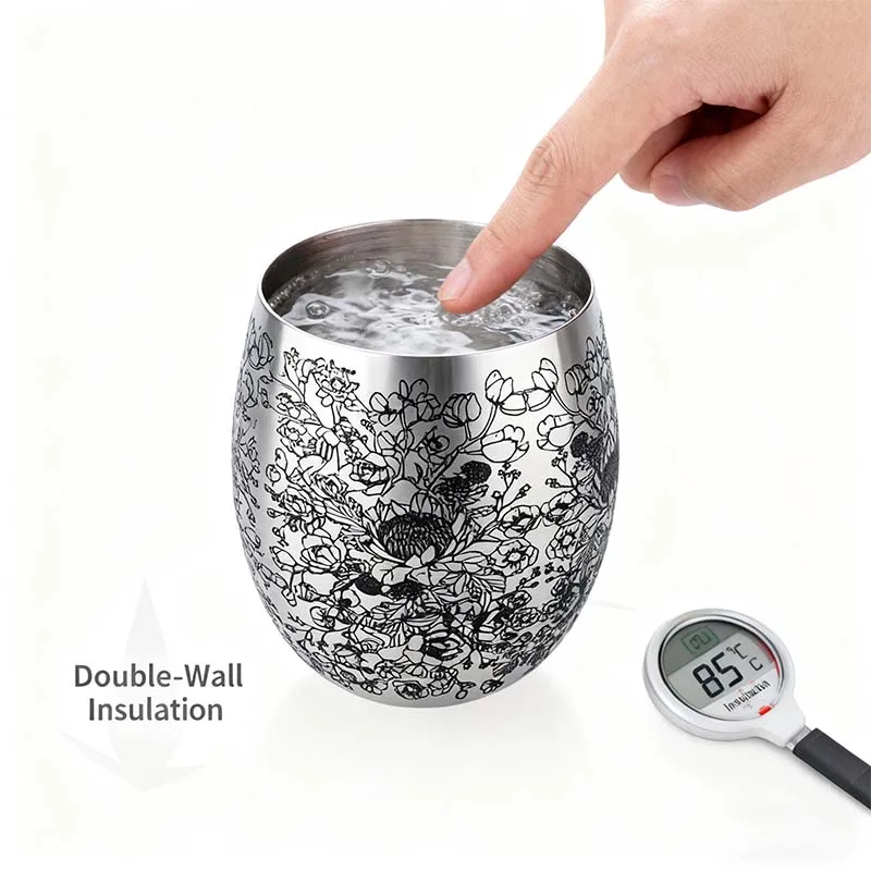 350 مللي الفولاذ المقاوم للصدأ Stemless كأس للنبيذ محفور نمط بهلوان معدني دون مقبض Stemless كوب مارتيني لشريط المنزل الطرف