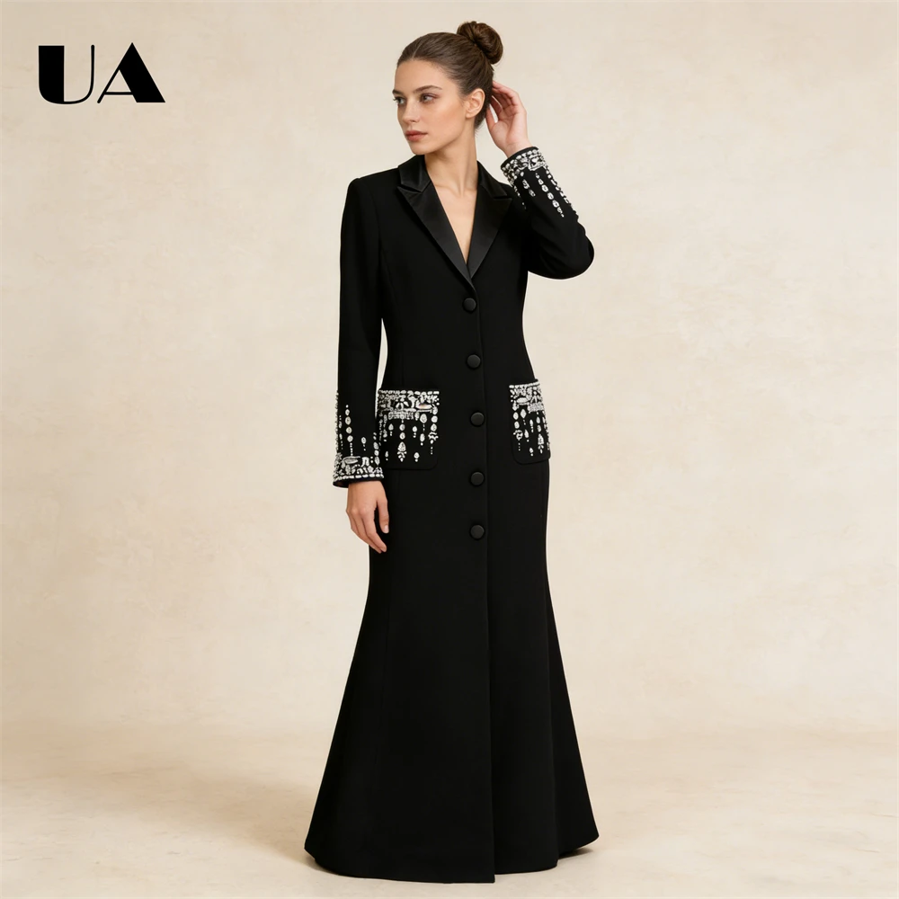 Blazer Gown with Beaded Embellished Pockets – Structured Fabric, Satin Lapel, Mermaid Train & Single-Breasted Design