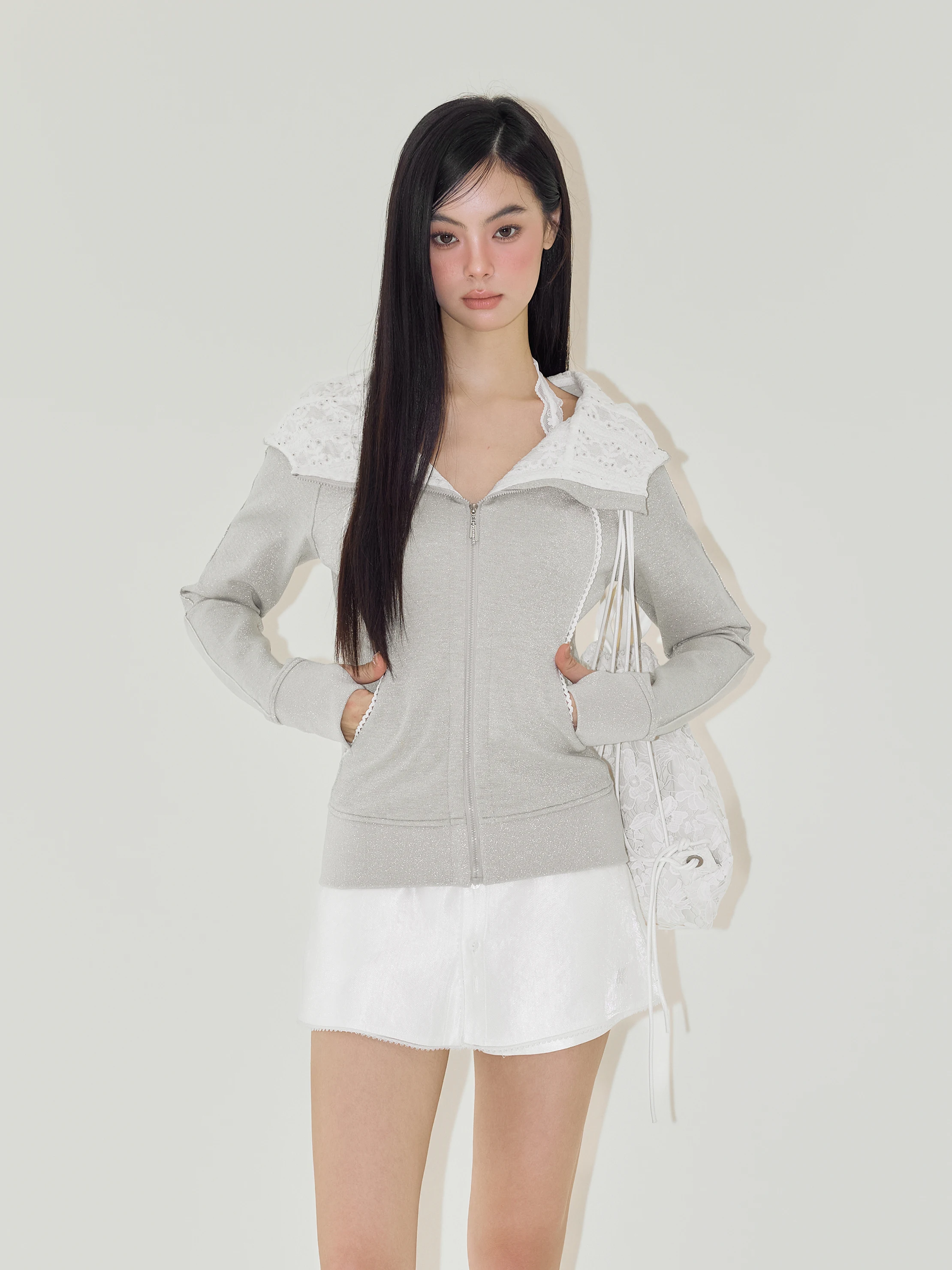 

NOMEANSNO Sequin Silver Lace Patchwork Hoodie Women's Slim Fit Cotton Polyester Blend Long Sve Zipper Closure Color