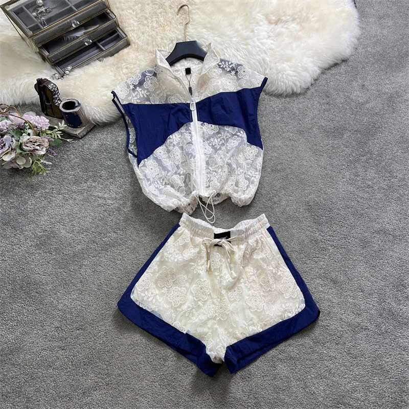 

2022 summer new hit color casual stand-up collar hook flower hollow top + wide-leg shorts suit Lace Two piece sets