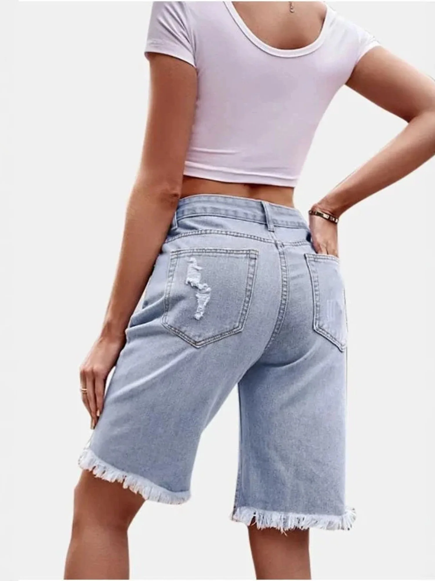 Women's High Waist Ripped Cotton Denim Jorts Distressed Frayed Hem Loose Fit Knee Length Bermuda Shorts Y2K 2026 Summer Casual view 4