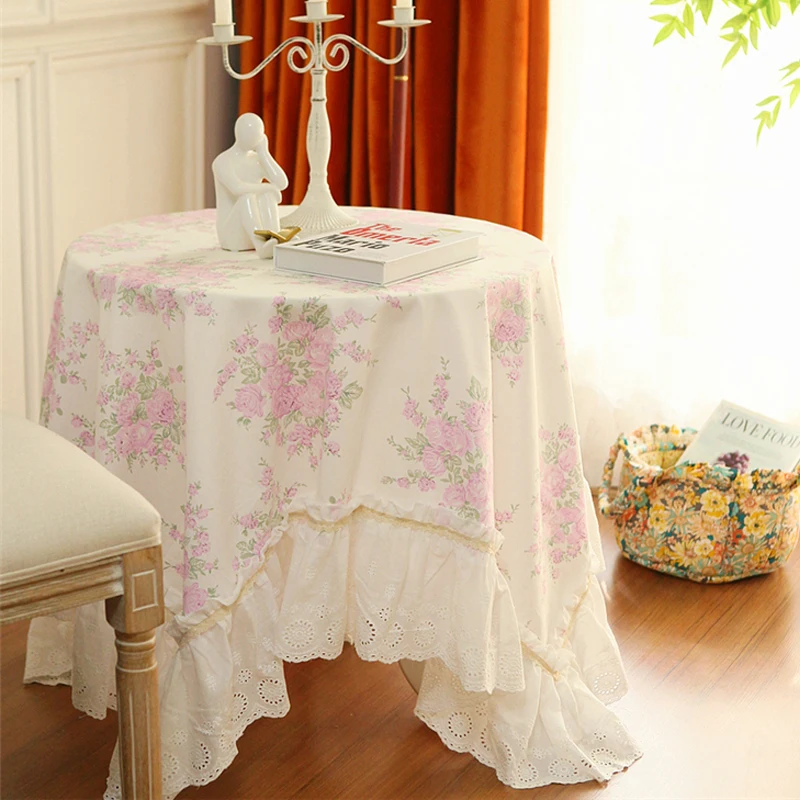 French Rose Tablecloth Embroidered Lace Pure Cotton Diningtable Tablecloth Sofa Cover Retro Pastoral Elegant Wedding Decor