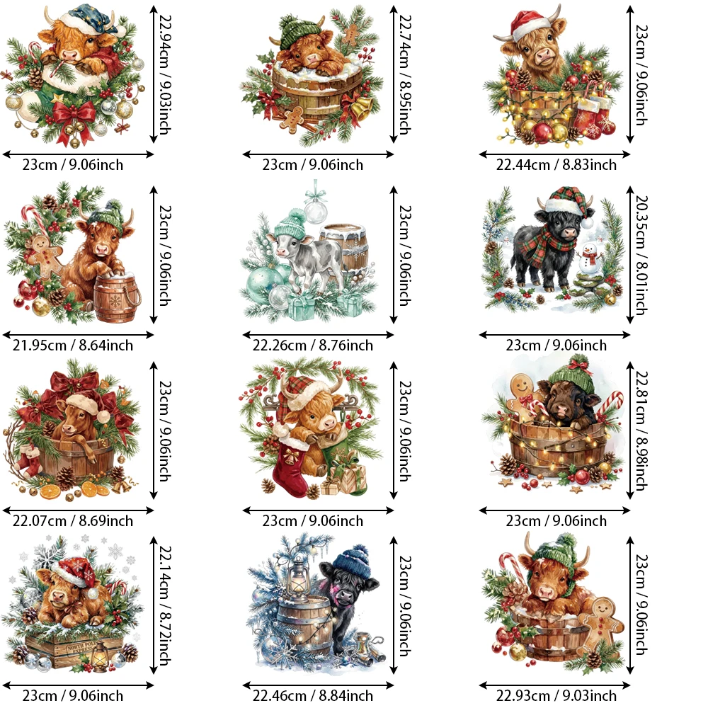 12Pcs Christmas Heat Transfer Vinyl, Niu Niu Daily Scene Design, Iron-on Decor Stickers for DIY Clothing Accessories