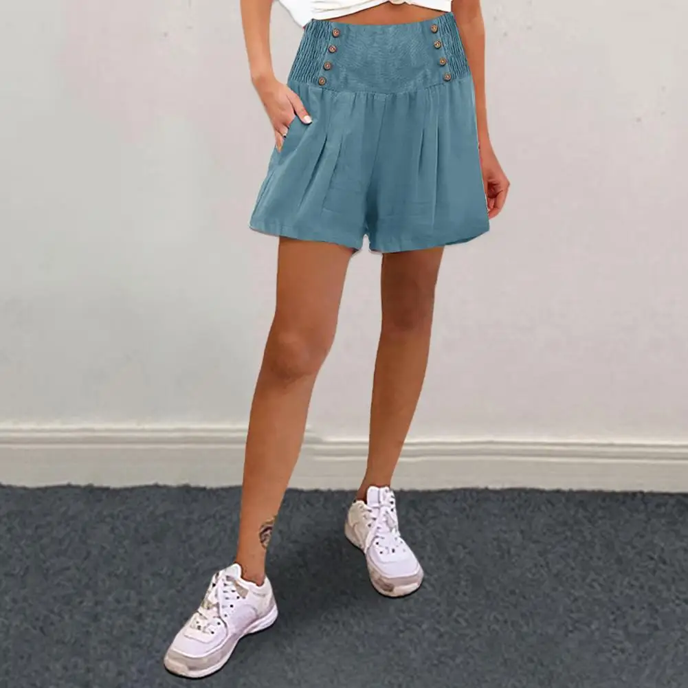 Women Casual Shorts Stylish High Waist Women's Shorts with Pleated Button Detail Side Pockets for Casual Outings Beach Vacations