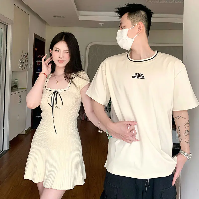 New Fashion Couple Dress Summer 2023 Korean Version of Short-sleeved T-shirt Nightgown Woman French Slim Mid-length Skirt