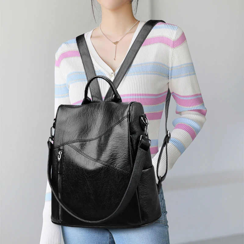 Multifunctional Women Backpack Faux Leather Large Capacity Travel Daypack Casual Shoulder Crossbody Handbag for Daily Outdoor