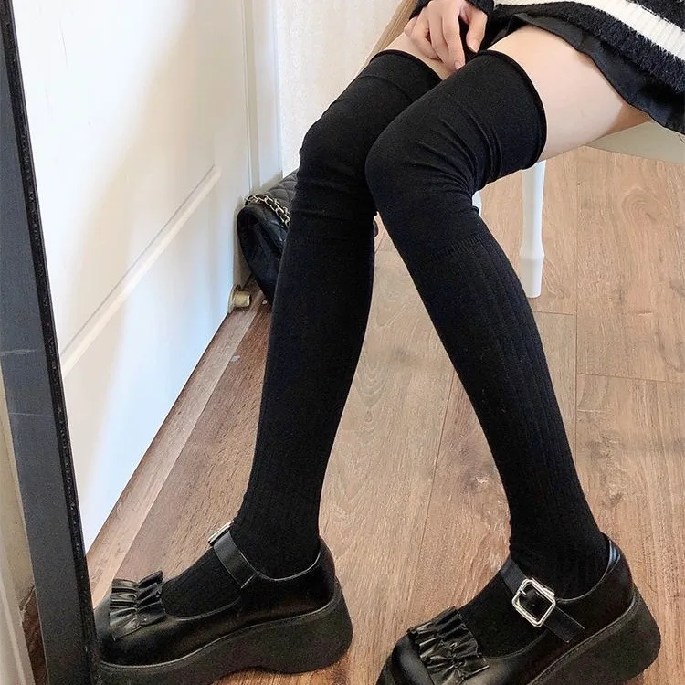 A pair Women's Knee-length Socks Ladies Thigh-length Socks Warm Knitted Boot Socks Leg Warmers Japan JK Cotton Thigh High Bot view 4