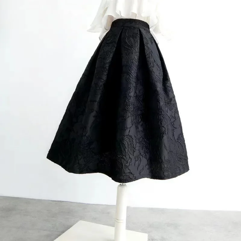 

Spring Autumn Hepburn Black Flower Vintage Elegant Skirts Womens Faldas Aesthetic Jacquard High-waisted Long Pleated Skirt C152