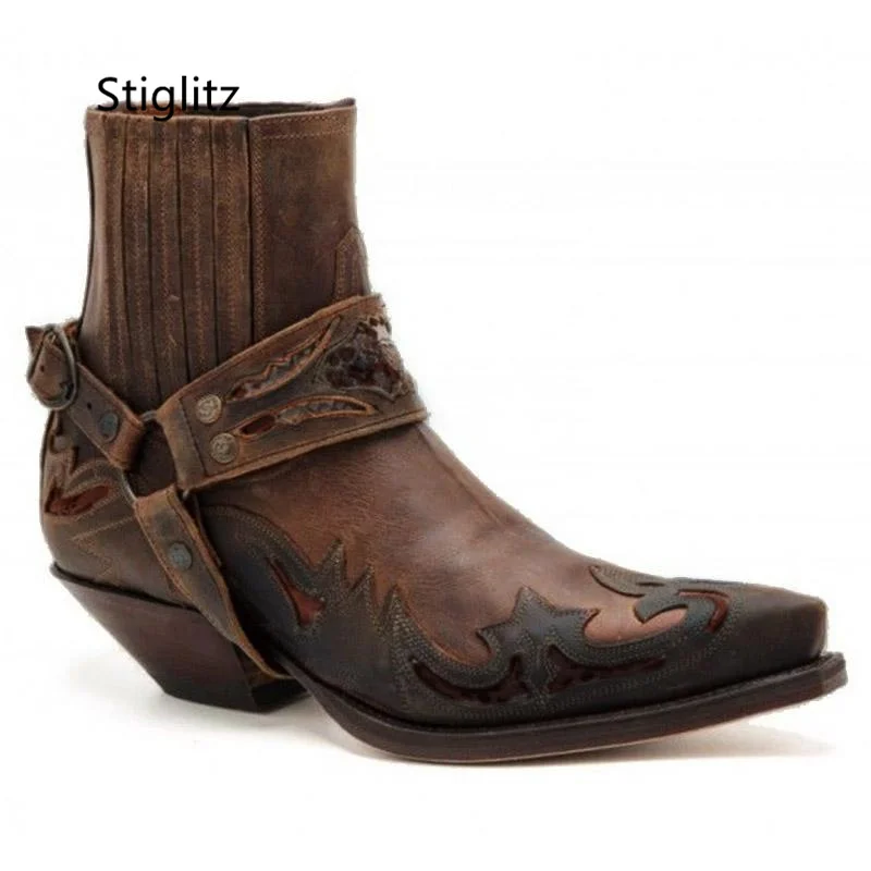 Retro Western Cowboy Boots for Men Brown Ankle Boots Men\'s Spring and Autumn Circle Buckle Riding Motorcycle Boots Male Shoes