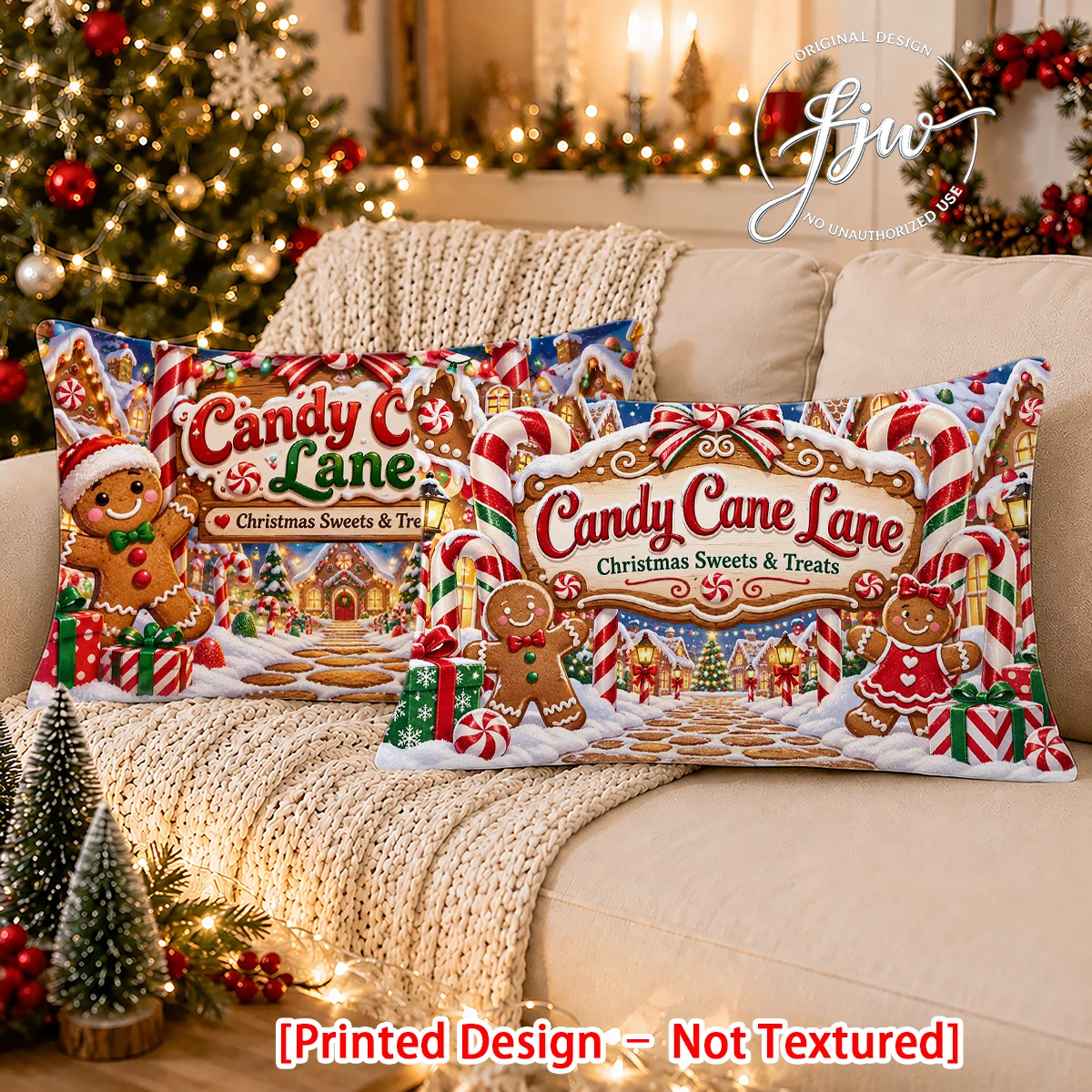 2pc Christmas Candy Cane Lane Gingerbread Decorative Throw Pillow Covers Set of 2