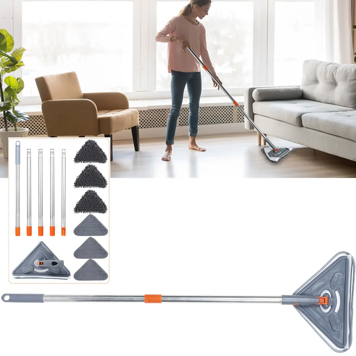 2024 Triangle Microfiber Wall Cleaning Mop Adjustable Dry and Wet Dust Mop Floor Deep Clean Household Cleaning Tool Dropshipping