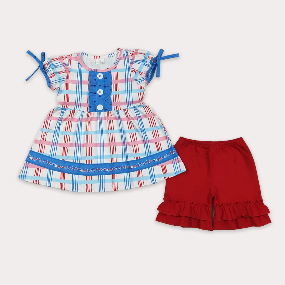 Kids Cute Baby Girls Red Blue Checked Button Tunic Ruffle Shorts July 4th Clothes Sets Boutique Fashion Clothing Wholesale