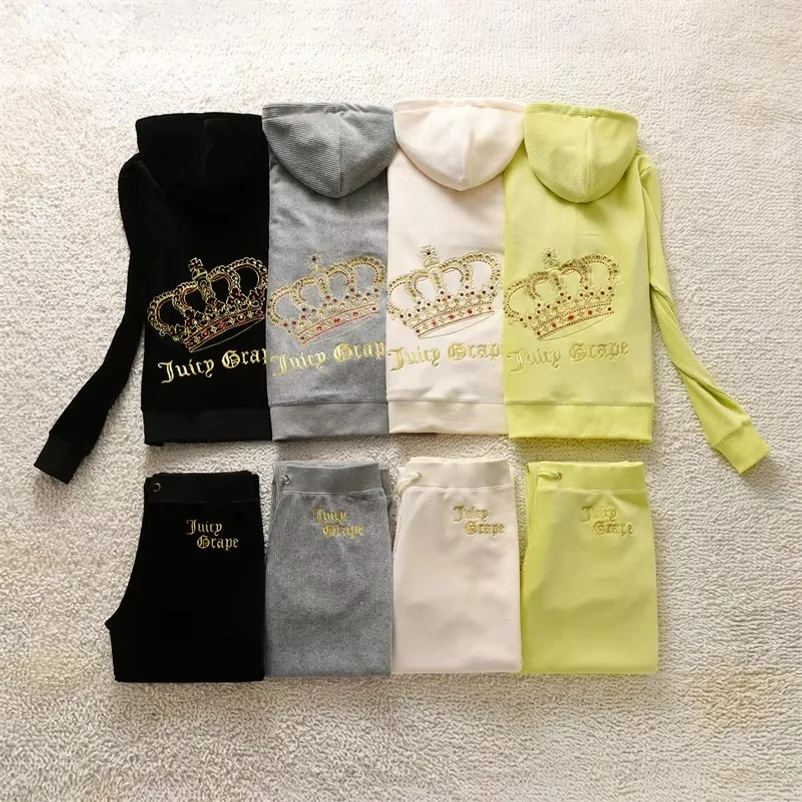 Juicy Crape Brand Fashion Slim Women Sportswear Suits Gray White Yellow Black Slim Casual Tracksuits Hooded Collar Sporting Suit