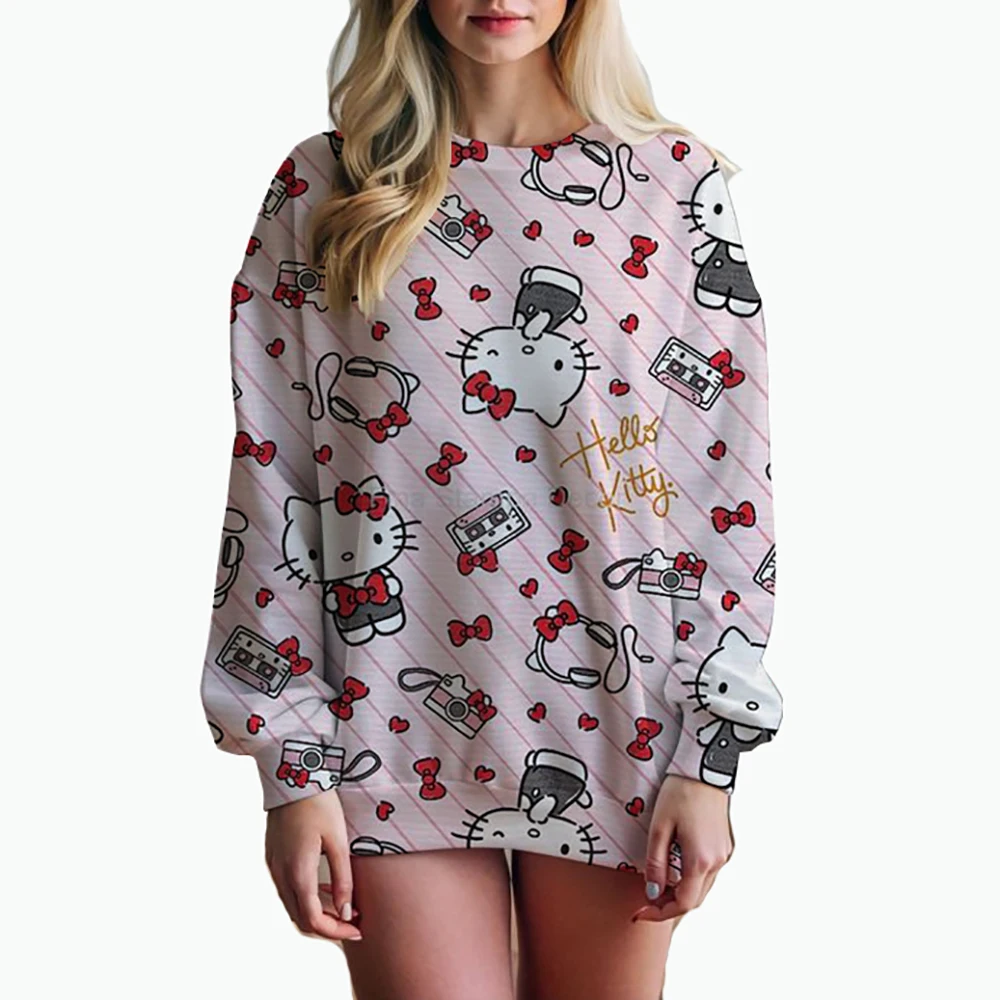 Hello Kitty Women\'s Autumn/Winter Sweet Cute Women\'s Cartoon Loose Round Neck Korean Y2k Girls\' Fashion Versatile Top