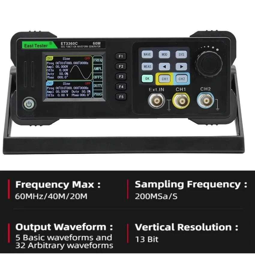 ET33C Series DDS Function Signal Generator 200MSa/S Waveform Storage Adjustable 2-Channel Signal Generator Experimental Testing