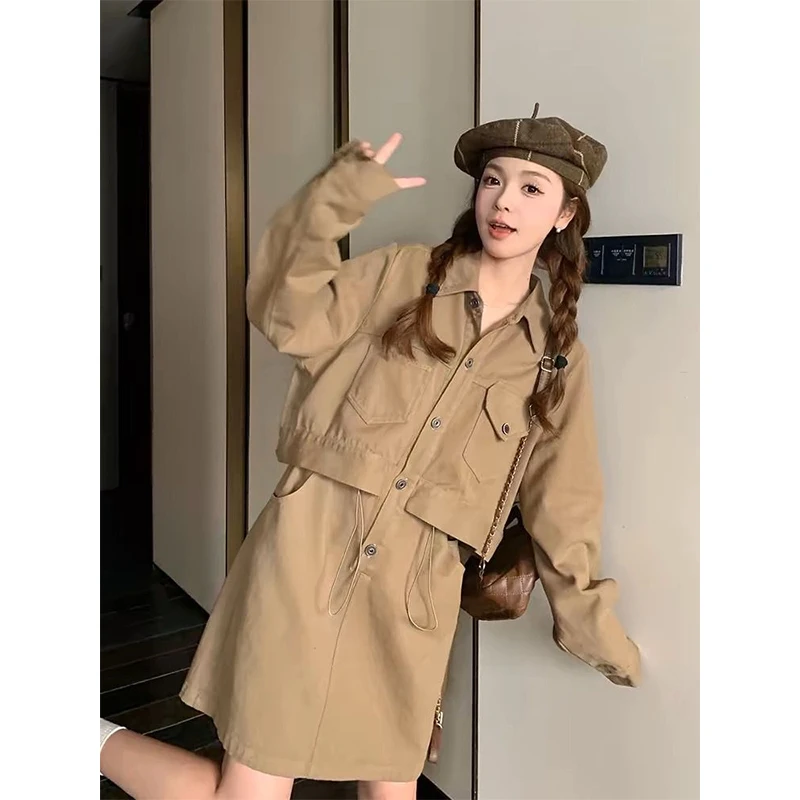 

plus Size 300 Pou Women's Loose Workwear Dr Autumn Versatile Small Size A-Line Midi Skirt Korean Sle Button Detail