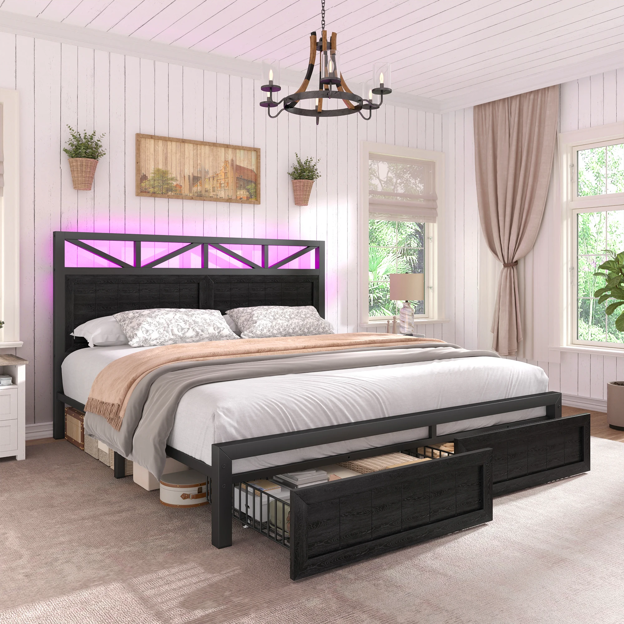 EnHomee  Size Bed Frame with 2 Storage Drawers,LED & Charging Station