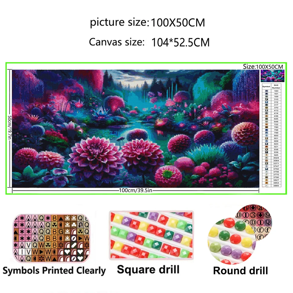 5D DIY Large Diamond Painting Cross Magical Garden Colorful Flowers Landscape Wall Art, Full Round Drill, Embroidery Home Decor