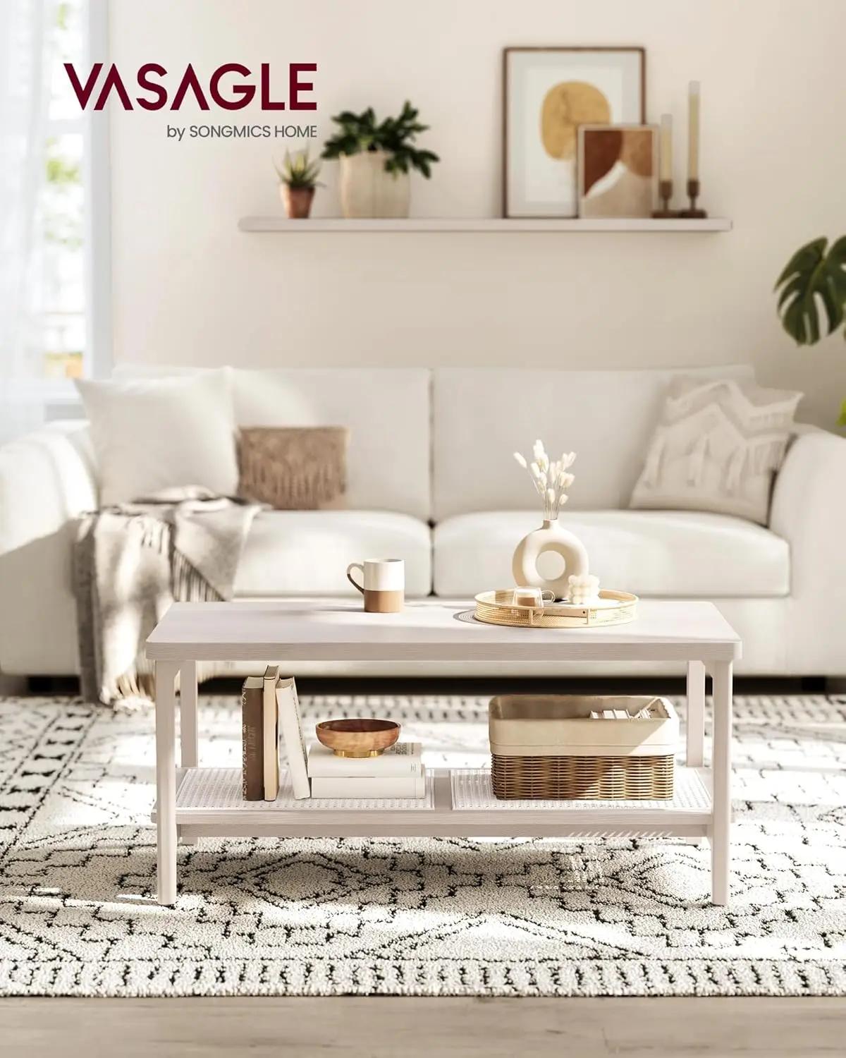 2-Tier Coffee Table for Living Room, Living Room Table Rectangular Center Table, with PVC Rattan Storage Shelf, Rounded