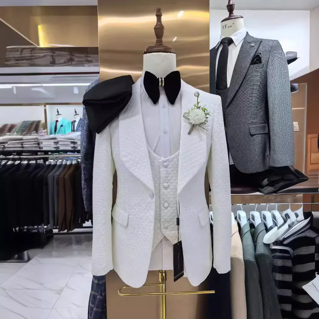 Plaid Jacquard Wedding Suits for Men Slim Fit 3 Pcs Formal Fashion Style Groom Tuxedo 2025 Shawl Lapel Jacket Pants Vest