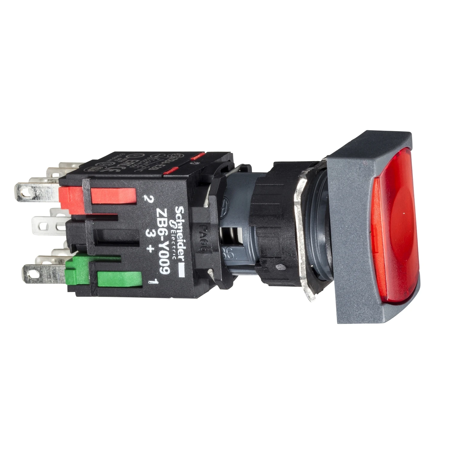 XB6DW4B5B red rectang flush complete illum pushbutton Ø16 spring return 1NO+1NC 12...24V