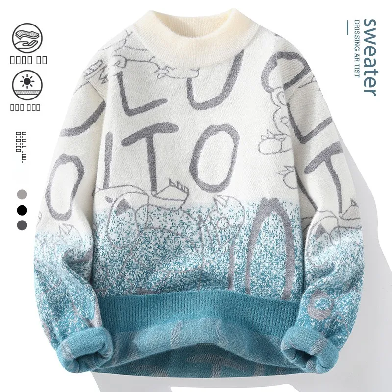 

Мужской утепленный вязаный свитер с круглым вырезом, повседневный, для подростков, в стиле lazy fashion, на зиму