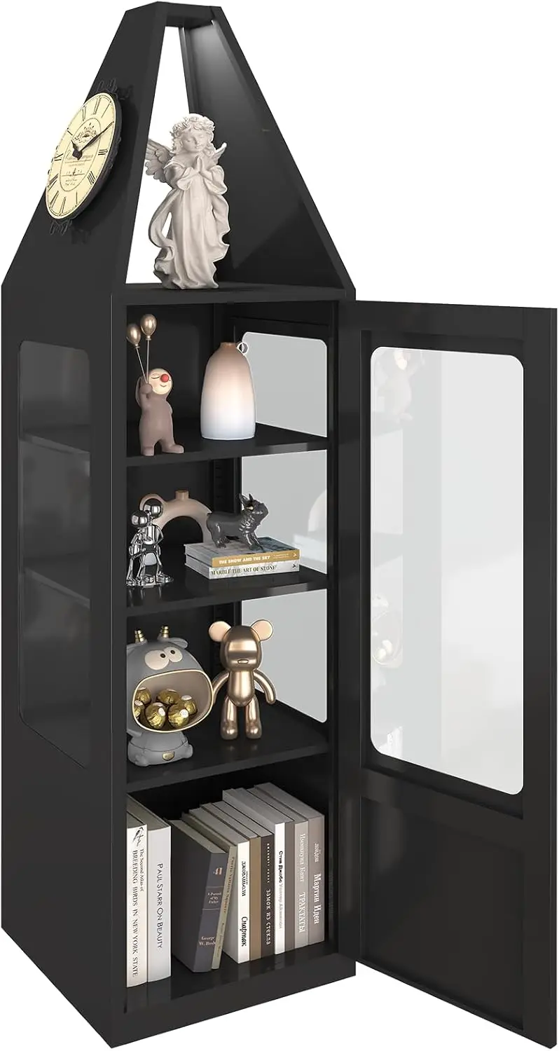 Glass Doors, Metal Storage Cabinet with 3 Adjustable Shelves, Black Curio Cabinets for Home, Office, Pantry