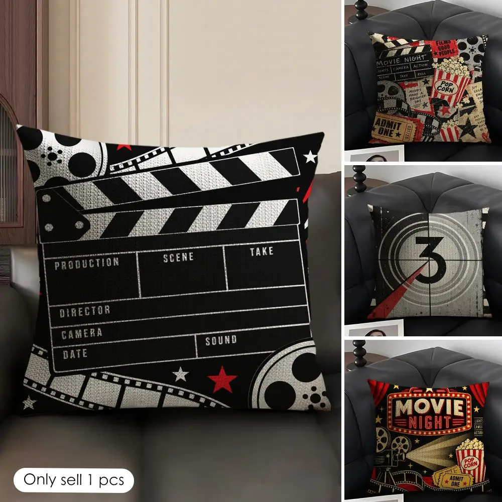 Retro Movie Night Popcorn Cushion Cover Skin-Friendly Organic Linen Pillow Cover Durable Hypoallergenic Washable Soft