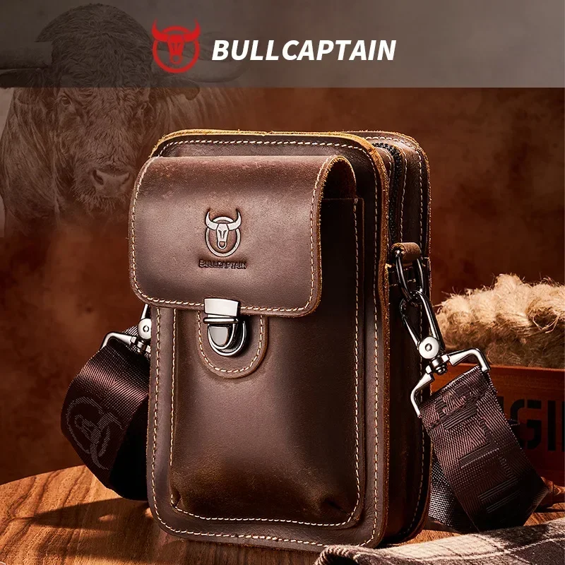 Crazy Horse Leather Mini Shoulder Bag for Men, Vertical Crossbody Messenger Pack, Belt Waist Bag with Buckle Closure