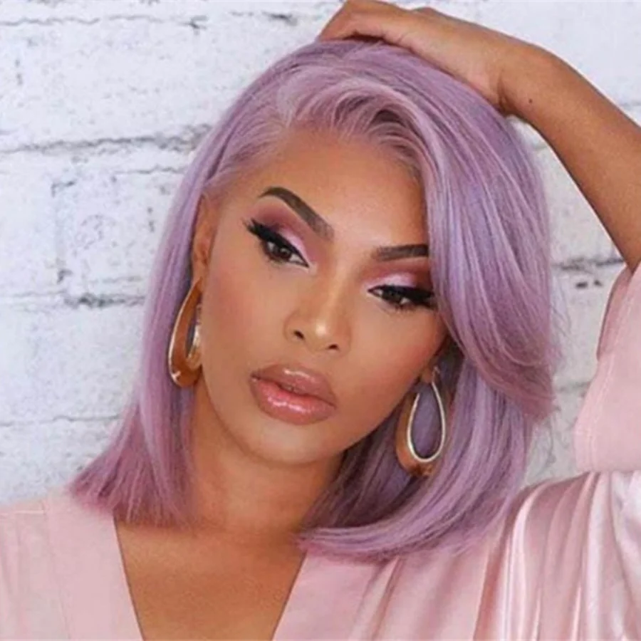 12inch Lavender Light Purple Short Bob Lace Front Wig - Straight Synthetic Wig Glueless, Heat Resistant,