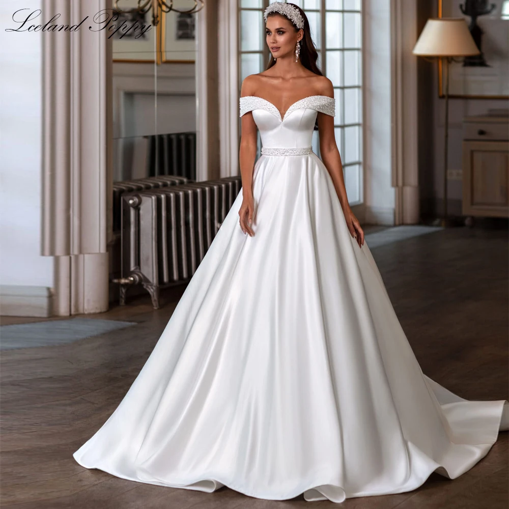 Lceland Poppy Customized A Line Boat Neck Satin Wedding Dresses Off the Shoulder Pearls Beaded Bridal Gowns with Court Train
