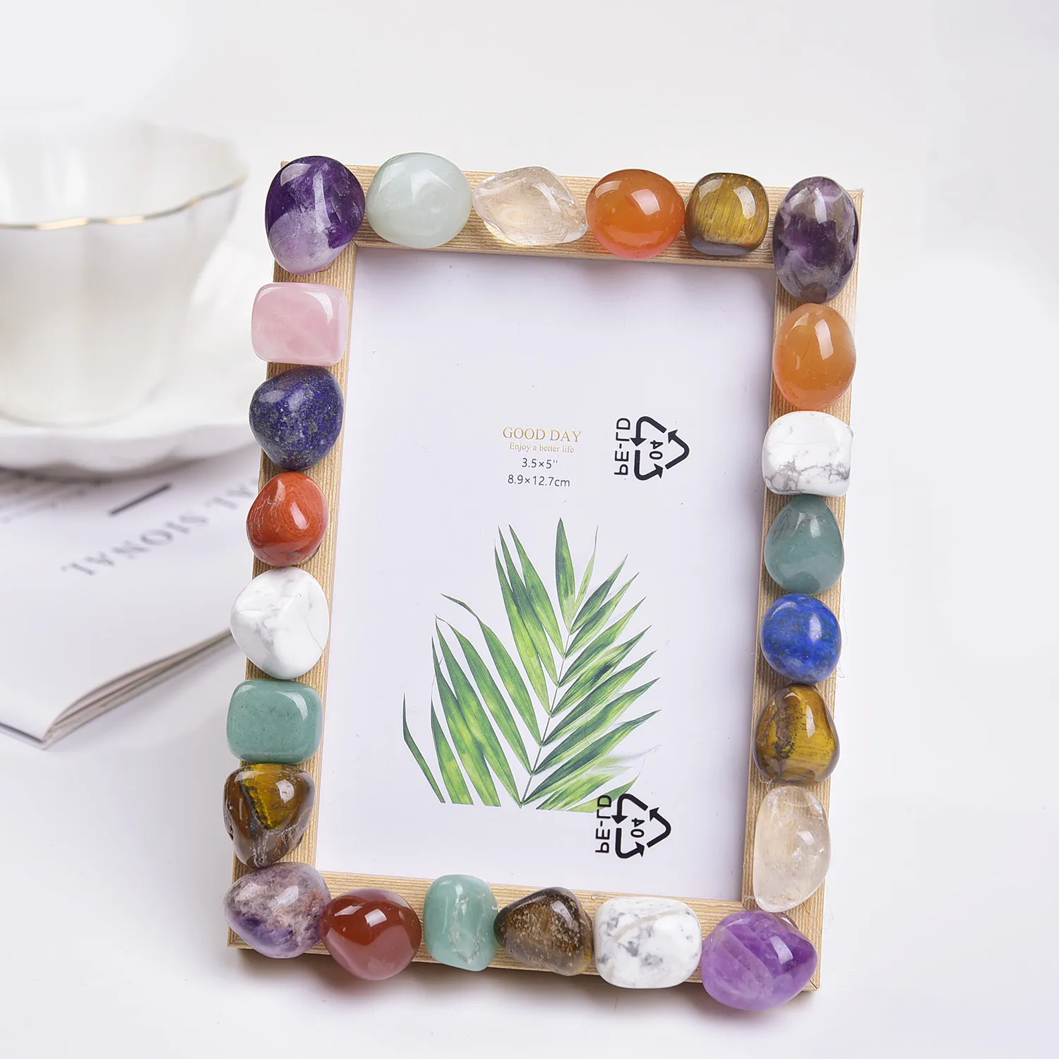 5/6 inch Natural Crystal Stone Photo Frame Decoration... Seven-color Crystal Wooden Home Decoration Display Stand. Photo Storage