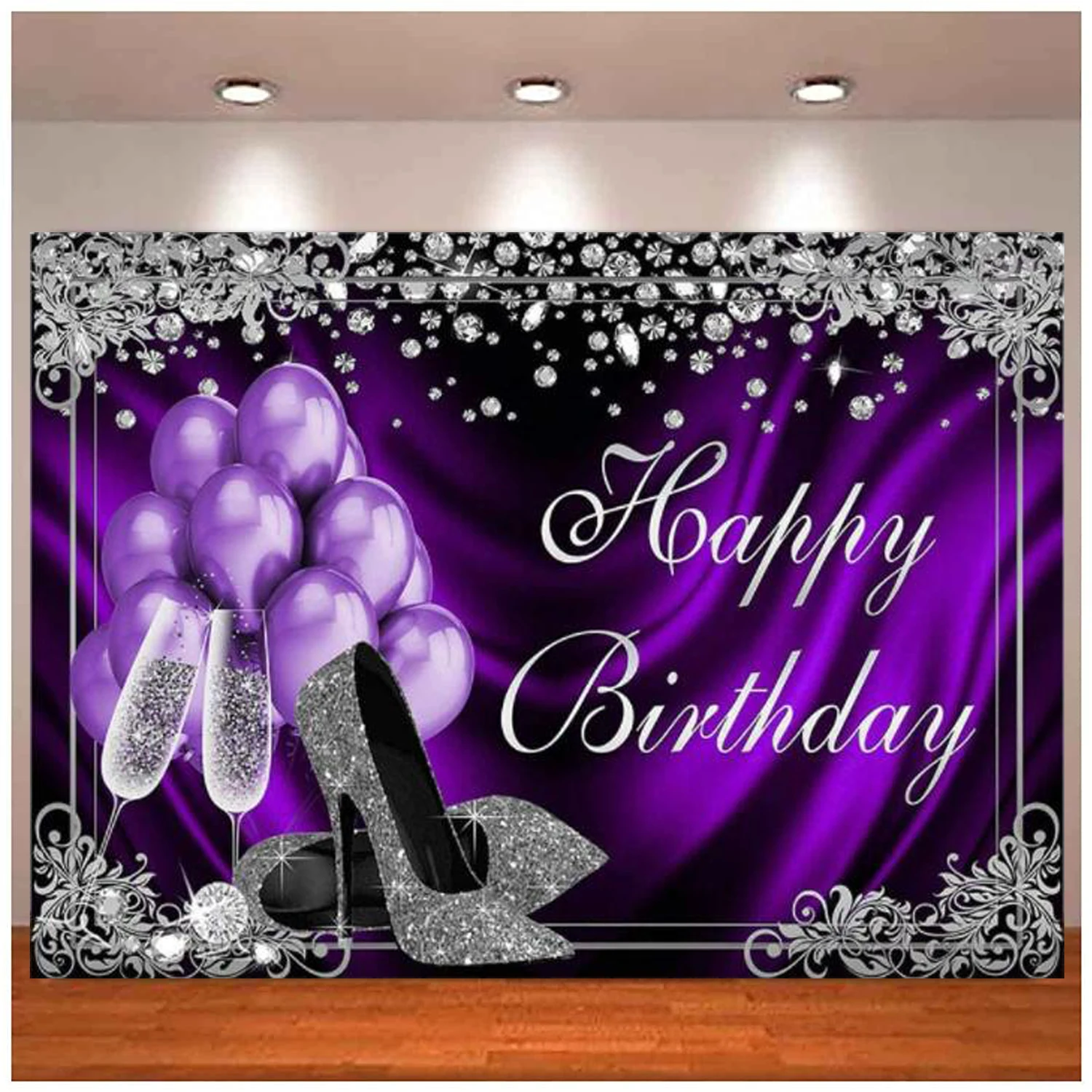 

Photography Backdrop Silver Purple Balloons High Heels Champagne Diamond Adult Women Birthday Party Banner Decor Background