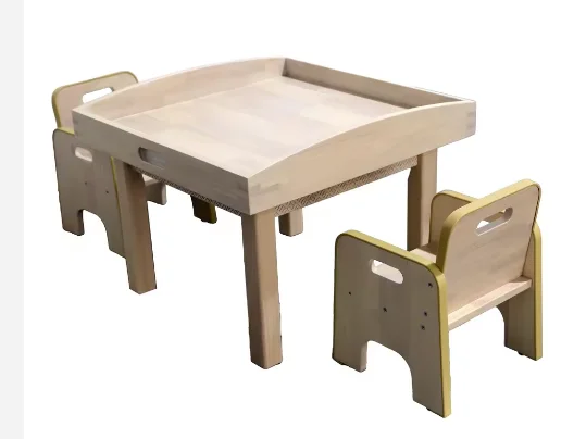 Solid Rubberwood Contemporary Square Kids Activity Table-Multifunctional Learning Desk Building Block Toy Features Durable