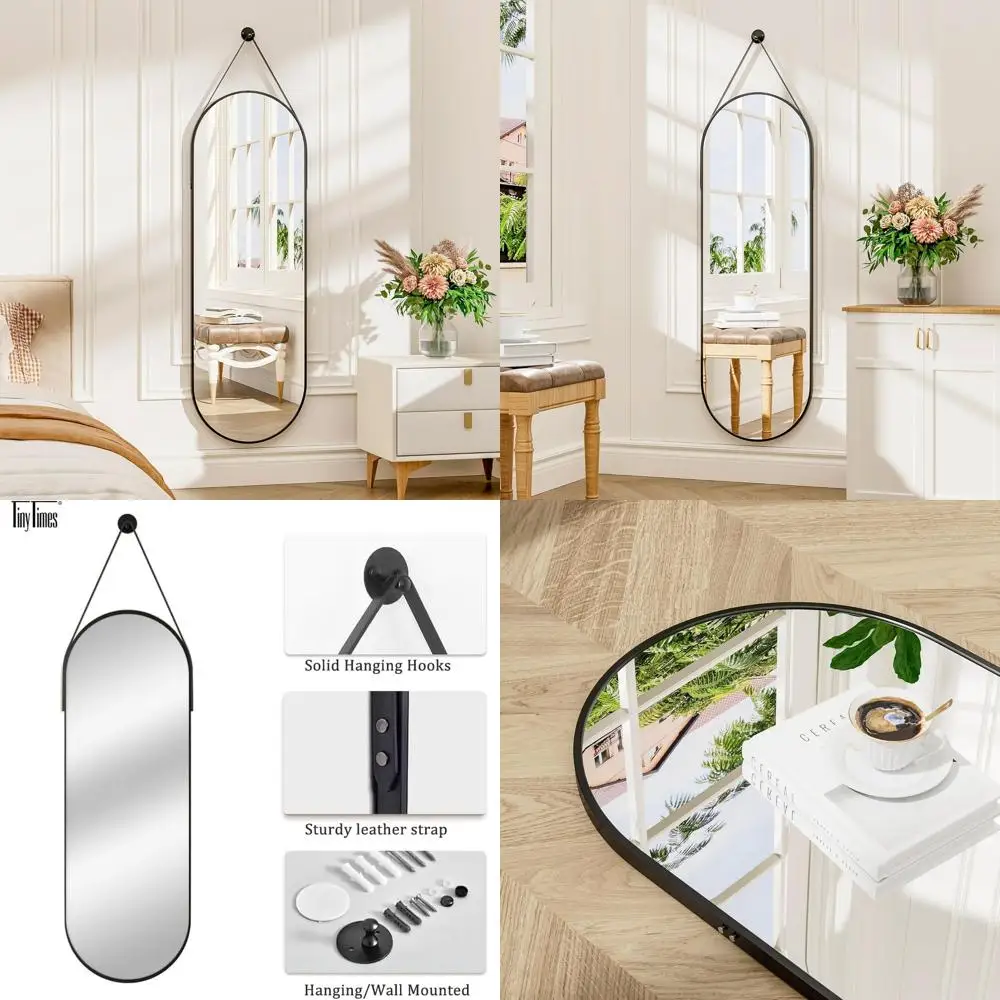 

48x16 Oval Hanging Mirror with Leather Strap, Perfect for Bathroom, Living Room, and Bedroom Décor in Black