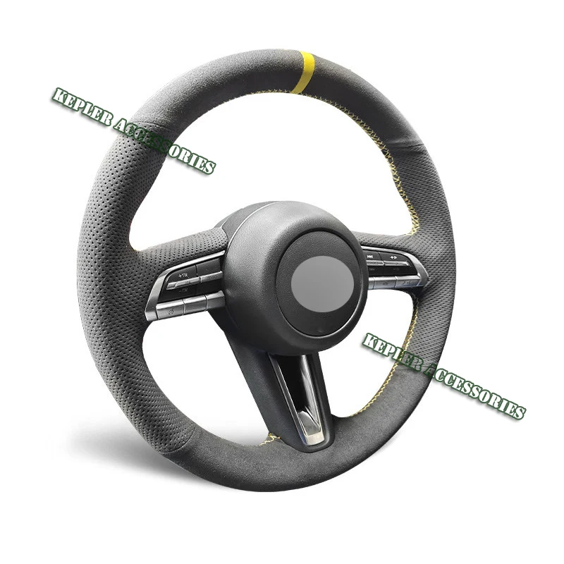 High Quality Genuine Leather Yellow Thread Steering Wheel Cover Wrap for Alcantera Car Accessories Specifically for Mazda 3