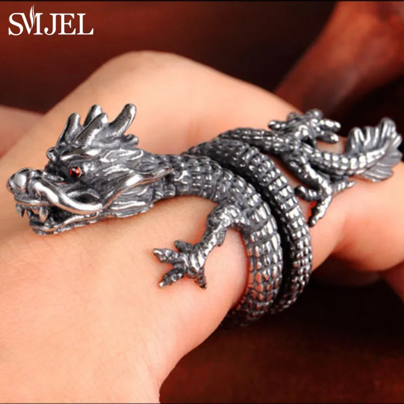 Vintage Fashion Dragon Ring Ancient Silver Color Hip Hop Male Female Jewelry Punk Animal Charm Rings Boyfriend Gift Xmas