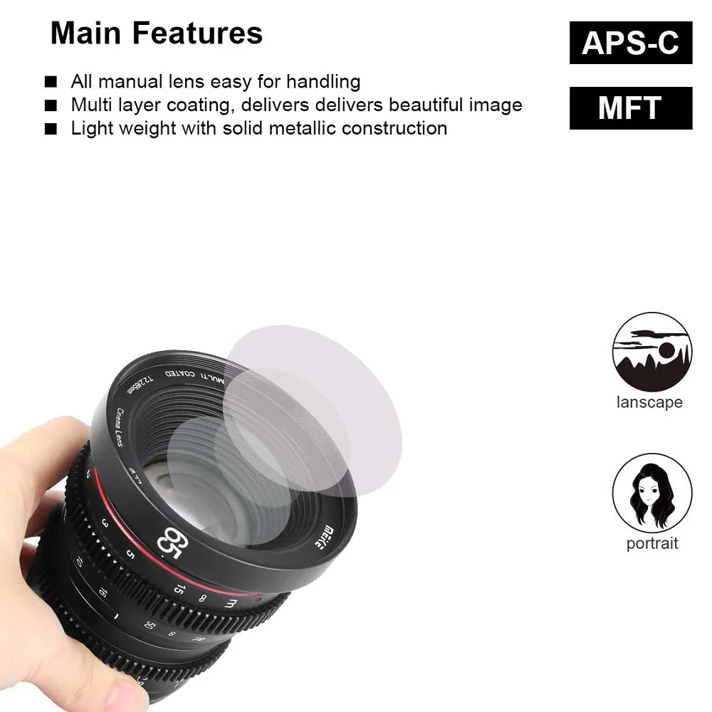 Meike-Objectif Cine à mise au point manuelle à grande ouverture, Olympus, Panasonic, Lumix figuré, 3 appareils photo à monture, BMPCC, 4K, Zcam, E2, T2.2, 65mm, 4K