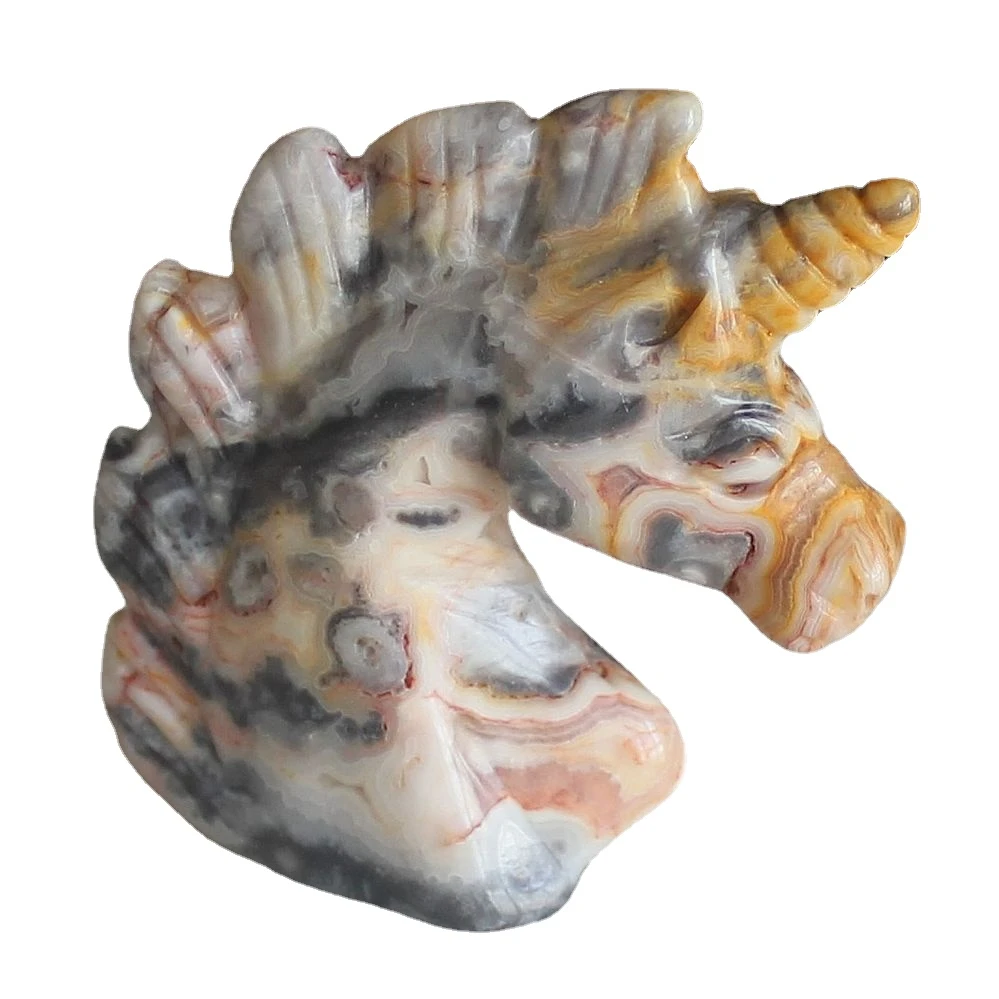 2''  Hand Carved quartz Gemstone crystal crazy lace agate Unicorn Figurine animal Carving statue office desk home decor