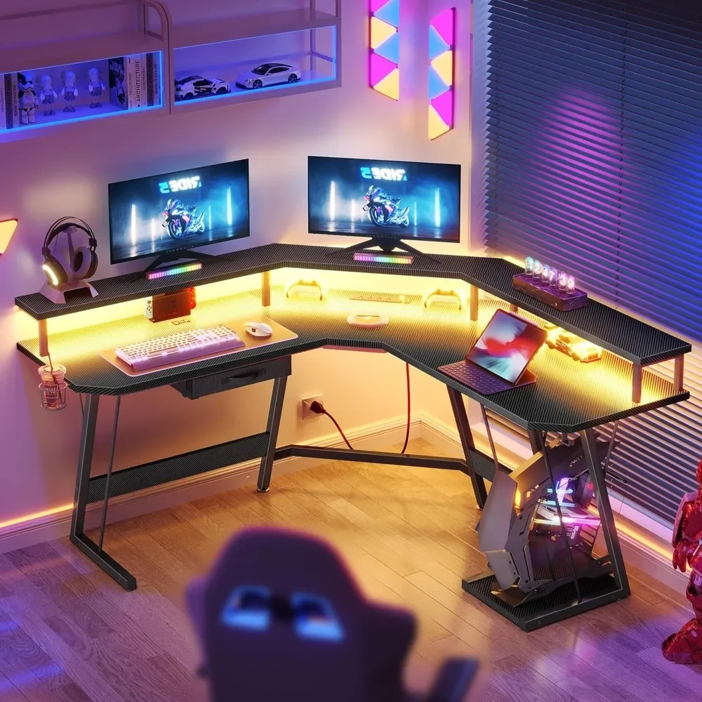 L Shaped Gaming Desk with LED Lights & Power Outlets, 55