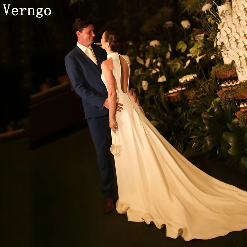 

Verngo Sexy Backless Wedding Dress Halter Mermaid Bridal Gowns Sweep Train Modern Prom Halter Bride Dresses Customized