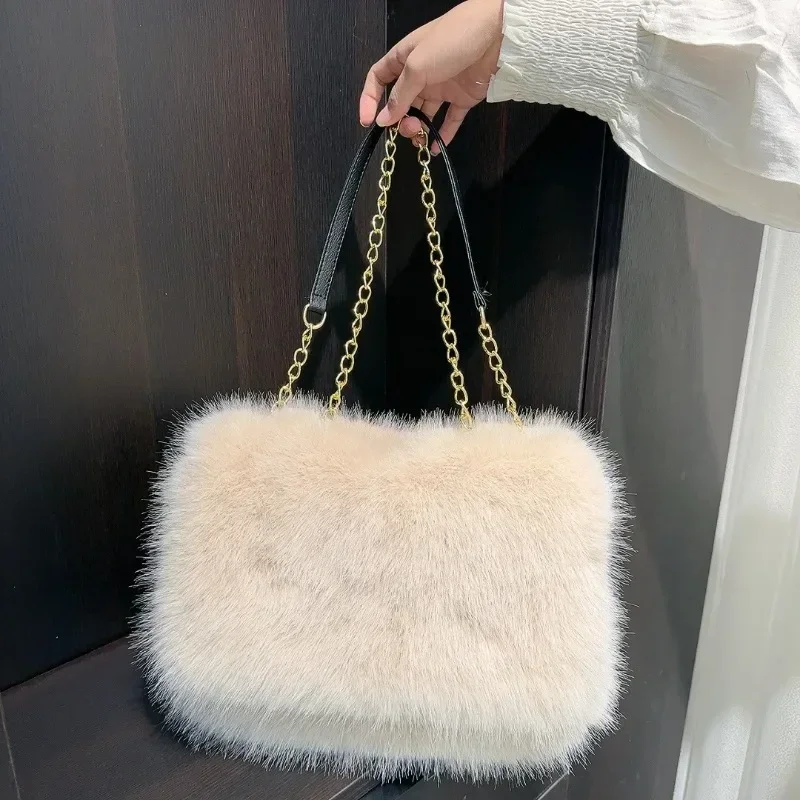 

Winter Women's Bright Color Large-capacity Plush Shoulder Bag Faux Fur Fashion Underarm Bag Solid Color Furry Tote Handbag