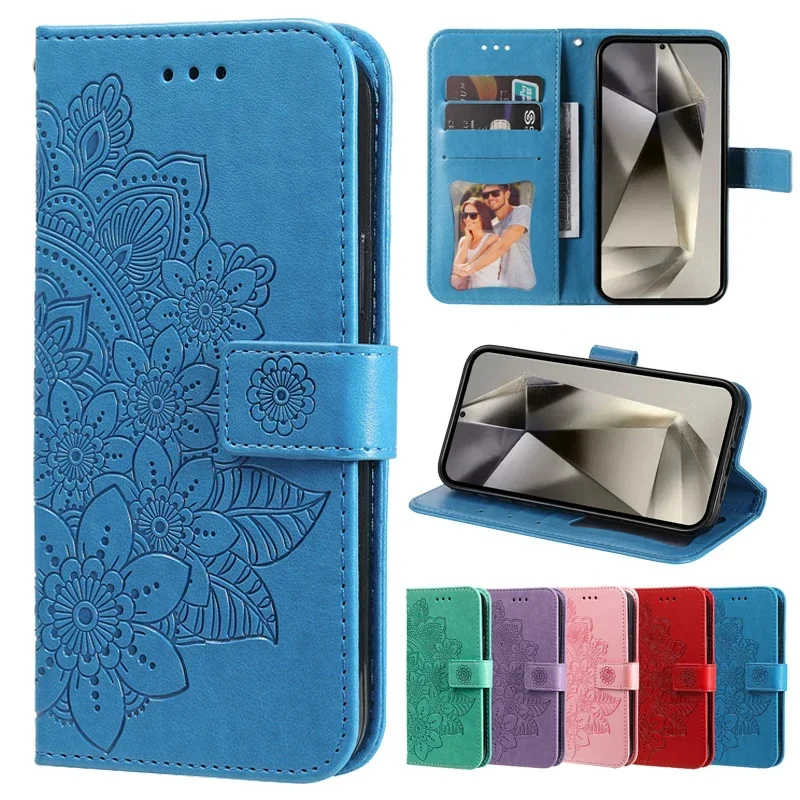Retro Totem Sun Flower Wallet Leather Phone Case For Samsung Galaxy A35 A25 A55 A15 A05 S M15 M55 M35 F15 F55 C55 5G Flip Cover
