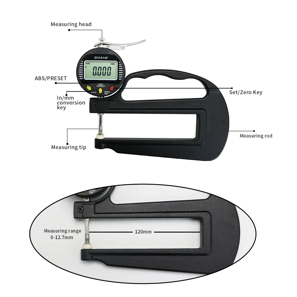 SHAHE 0.001 mm 0-12.7mm Digital Micron Thickness Gauge Paper Leather Thickness Gauge Rubber Thickness Gauge