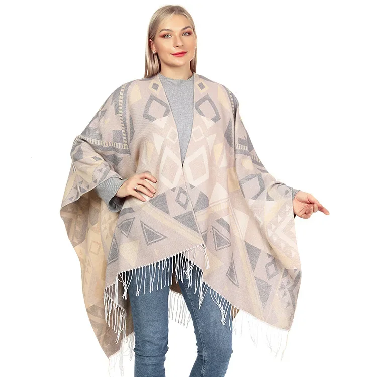 Autumn Winter Geometric Pattern Knitted Tassels Shawl  Women Warm Imitation Cashmere  Poncho Lady Capes Navy Cloaks