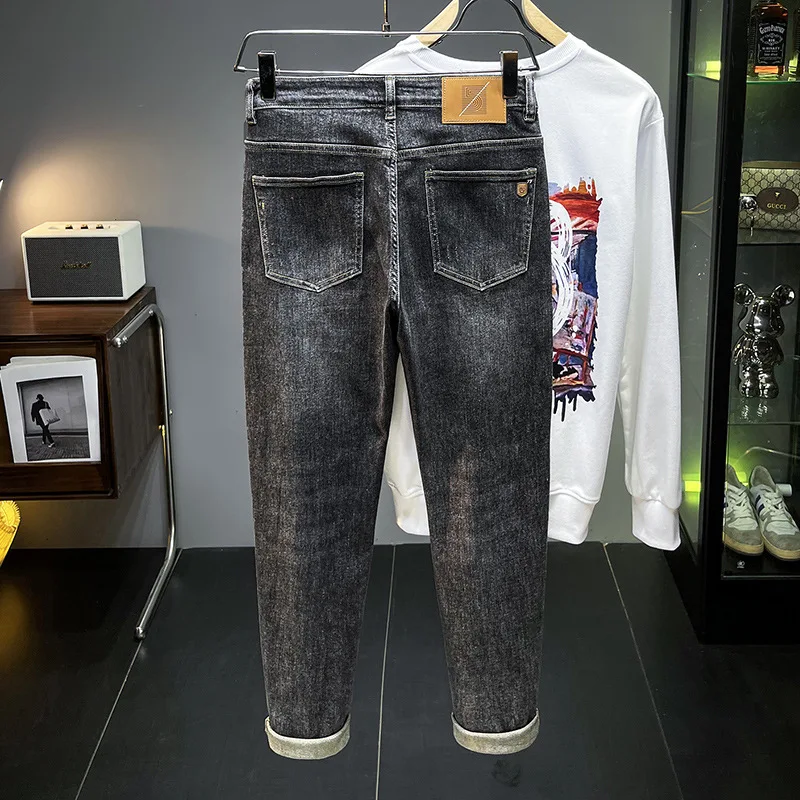 Calça jeans preta cinza apertadinha masculina, calça stretch, design de bolso diagonal, roupa casual masculina, outono e inverno, nova, 2024